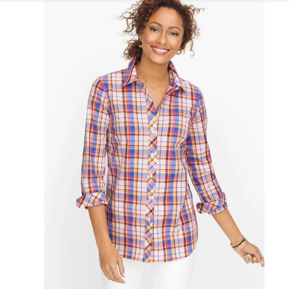 Talbots Shirt size 1X Classic Preppy‎ Multi Plaid Cotton Long Sleeve Button Down